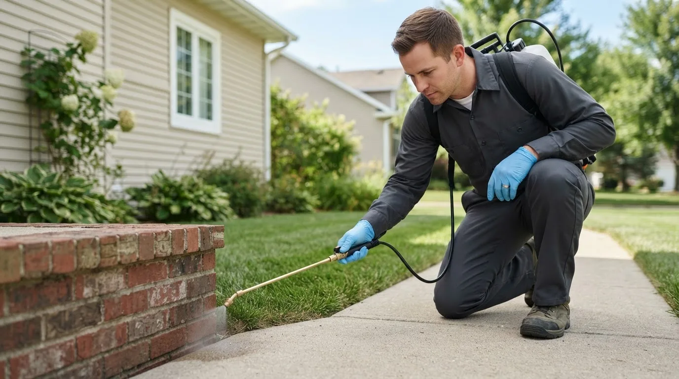 Pest control technician treating a home near Indore, WV
